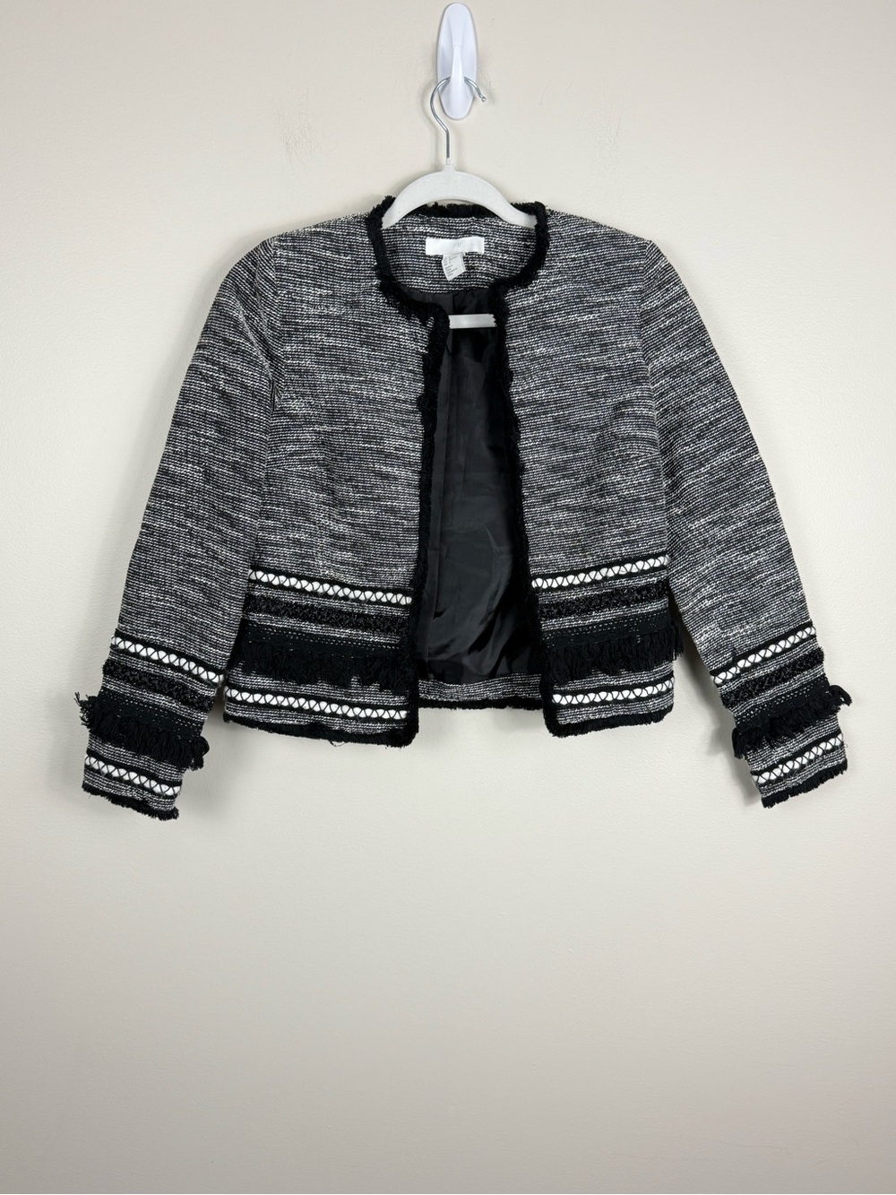 H&M Tweed Blazer Womens Fringe Crop 2 Chic Feminine Black White Work Office Top